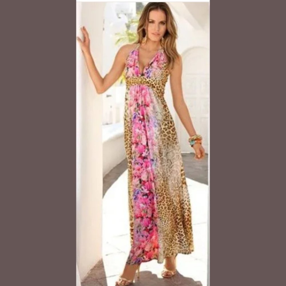 BOSTON PROPER Leopard Floral Halter Maxi Dress Size: 2
